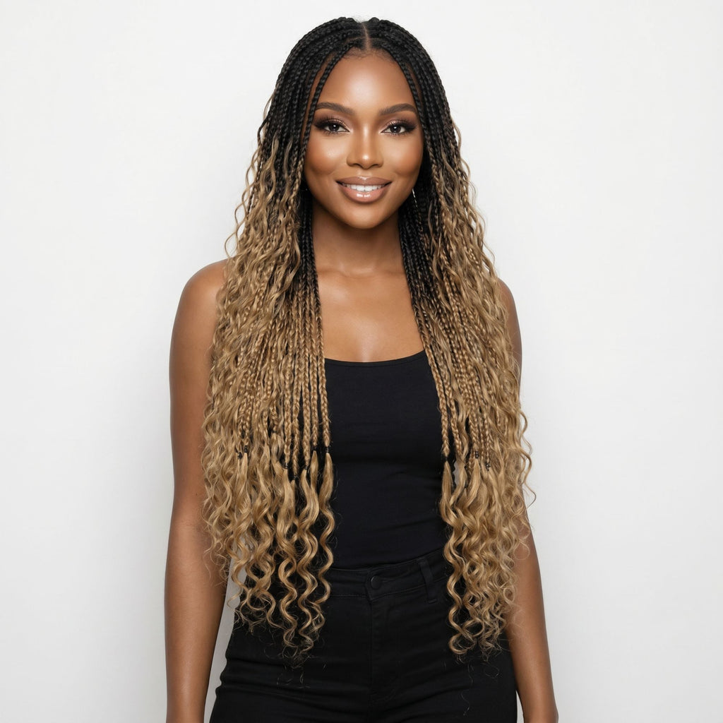 Honey Blonde Ombre Deep Wave Boho Braids with Human Hair Blend