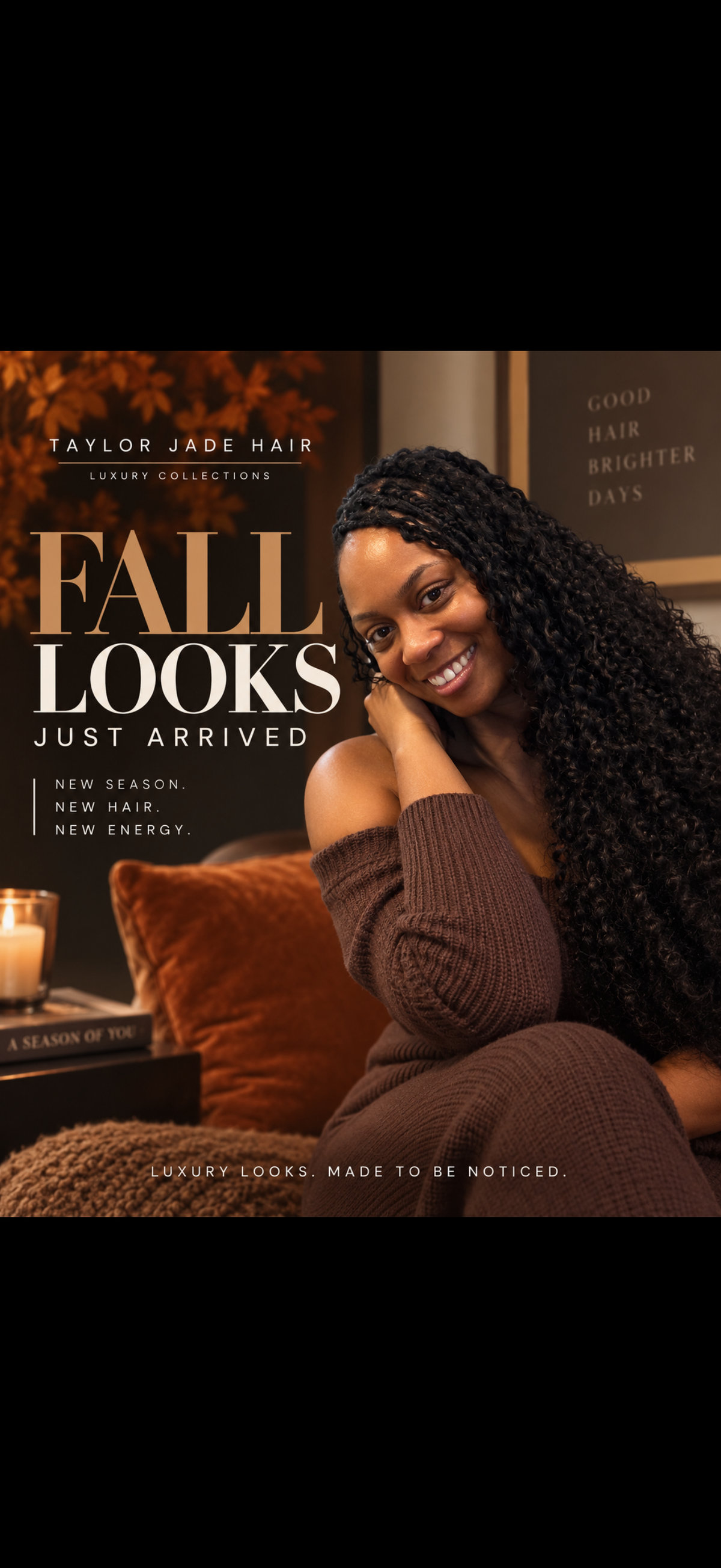 Taylor Jade Hair fall collection: woman with long dark curls in a brown sweater. Fall looks just arrived.